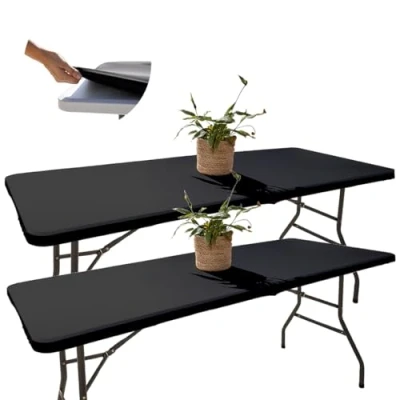 Afbeelding van 2 rechthoekige tafelkleden, 182 x 76 cm, zwarte stof, elastisch, verstelbaar, waterafstotend, kreukvrij, ideaal voor buiten, tuin, camping, elastische pasvorm klaptafel, robuust