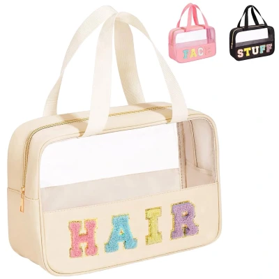 Afbeelding van Transparante Toilettas Dames Waterdicht Beige Grote Opbergcapaciteit