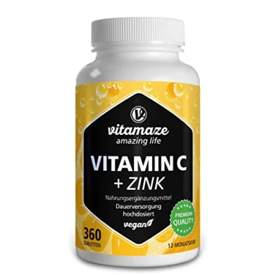 Afbeelding van Vitamine C 1000 mg + Zink, 360 Veganistische Tabletten voor 12 Maanden, Puur Natuurlijk Supplement zonder Onnodige Toevoegingen, Made in Germany