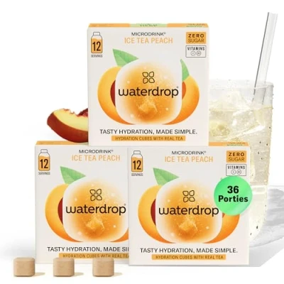 Afbeelding van waterdrop® ICE TEA perzik 36 hydratatieblokjes Suikervrije ijsthee met echte zwarte thee en natuurlijke extracten vitamine C Water smaak