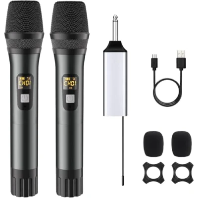Afbeelding van DigitConvert draadloze microfoon, set UHF dual 60 m handmicrofoon, dynamisch microsysteem met oplaadbare ontvanger voor PA systeem, karaoke, feest