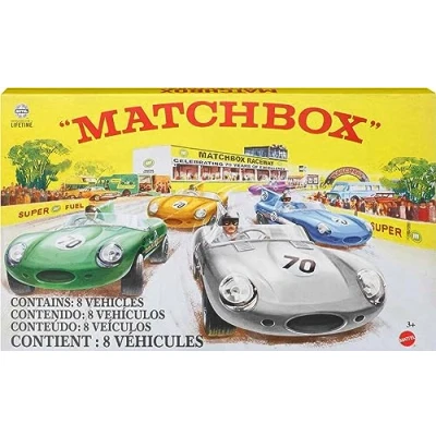 Afbeelding van Matchbox Auto&#039;s, set van 8 metalen auto&#039;s met premium decoraties, schaal 1:64, inclusief 1 exclusief voertuig, True Grip Tires, afwerking in platinatint, voor verzamelaars HPC03