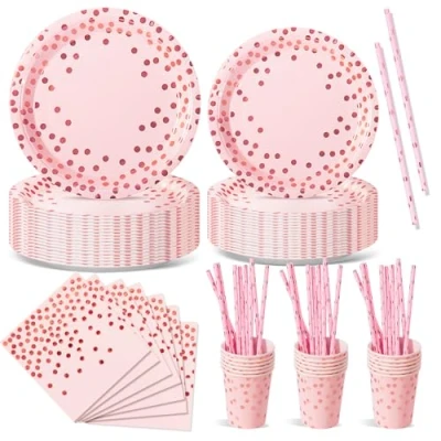 Afbeelding van Nkaiso Verjaardagsfeestservies, 120 stuks, roze en roségoud, feestborden, verjaardag, set inclusief wegwerpborden, papieren kopjes, servetten voor feest, decoratie, babyshower, 24 gasten