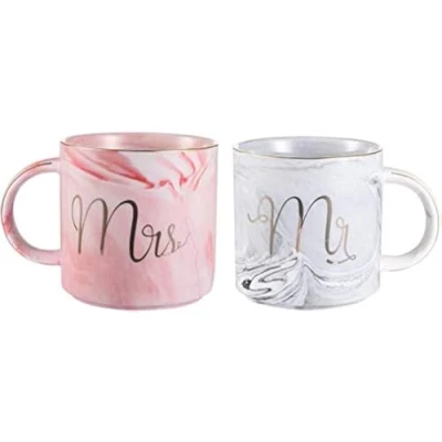 Afbeelding van Greneric Mr en Mrs keramische koffiemokken marmer met gouden patronen, perfect voor koffie, thee water, 400 ml, 2 stuks, cadeau bruiloft, Valentijnsdag, jubileum Kerstmis