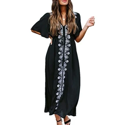 Afbeelding van YouKD Zomer Katoen Geborduurd Bloemen Lange Kaftan Bohemian Strand Badpak Cover Up Maxi Jurk voor Dames