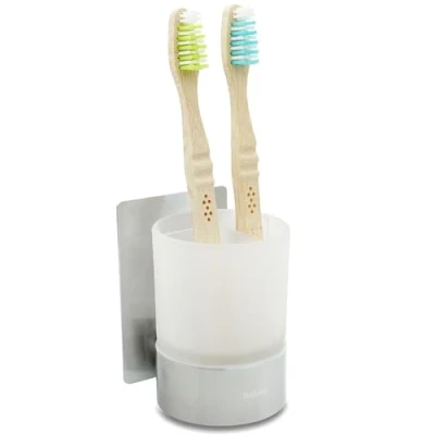 Afbeelding van Dolvhin® Tandenborstelhouder zonder boren Tandenborstel houder van melkglas om te lijmen mok &amp; wandhouder bekerhouder roestvrij staal Geborsteld zilver
