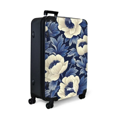 Afbeelding van NoBoringSuitcases.com® Koffer groot Reiskoffer lichtgewicht Donkerblauw met witte bloemen Rolkoffer 4 wielen Grote trolley XL 98 liter bagage