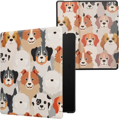 Afbeelding van kwmobile E reader hoesje geschikt voor Amazon Kindle Oasis 10. Generation hoes flip case met magnetische sluiting Ereader cover Honden Ontwerp design in wit / lichtbruin grijs
