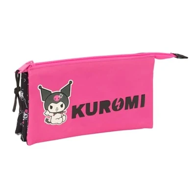 Afbeelding van Kuromi Pennenetui met 3 vakken Zwart Fuchsia 22 x 12 cm