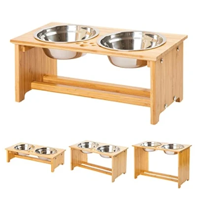 Afbeelding van FOREYY Verhoogde Hond Bowls voor Katten en Honden Bamboe Kat Voedsel Water Stands Feeder Gerechten met 2 RVS Anti Slip Voeten(M)
