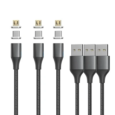 Afbeelding van NetDot Gen10 Micro USB en C nylon gevlochten magnetische snellaadkabel met zijdelings led compatibel Android apparaten (1 m/3 stuks zwart)