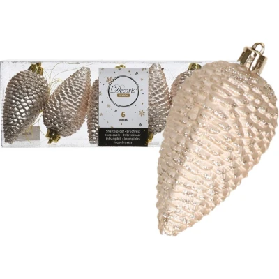 Afbeelding van Decoris Kersthangers dennenappels glitter champagne 6 stuks