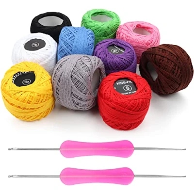 Afbeelding van Kurtzy 10 Ballen Kleurrijk Haakgaren 2 Haaknaalden Inbegrepen (1mm &amp; 2mm) Elke Draad Bal Weegt 20gr. Totaal 1500m Katoen Garen
