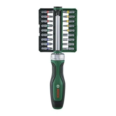 Afbeelding van Bosch Groen Ratchet screwdriver 18 bits (Ratel/bitschroevendraaier, 18x bit (PH1, PH2, PH3, PZ1, PZ2, PZ3, SL4, SL5, SL6, TX10, TX15, TX20, TX25,