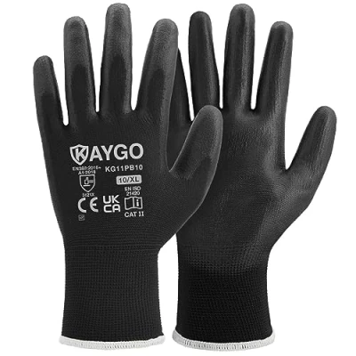 Afbeelding van KAYGO Werkhandschoenen voor heren en dames, PU coating, beschermende handschoenen, antislip handgreep op handpalmen vingers, geschikt doe het zelf algemeen werk, tuinieren, zwart, XL, maat 10,