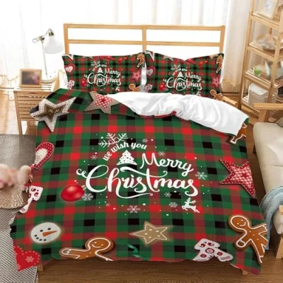 Afbeelding van Groen en Rood Geruite Print Dekbedovertrek Cartoon Ster Sneeuwpop 240 x 220 cm voor Kinderen Meisjes Kerst Slaapkamer Decor Beddengoedset Nieuwjaar Vakantie Moderne Luxe