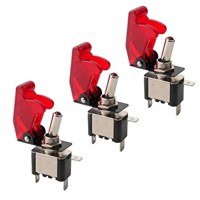 Afbeelding van QitinDasen 3 stuks professionele 20 A/12 VDC tuimelschakelaar, met rode waterdichte afdekking, led controlelampje, aan/uit, 2 standen, SPST, polig, rocker togle switch