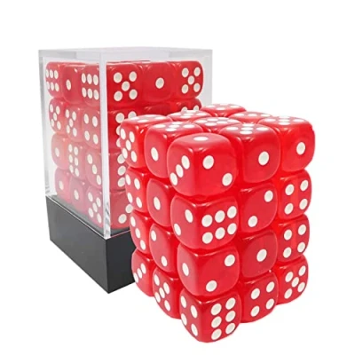 Afbeelding van Bescon 12mm 6 Sided Dice 36 in Brick Box, Six Die (36) Block of Dice, Translucent Red with White Pips