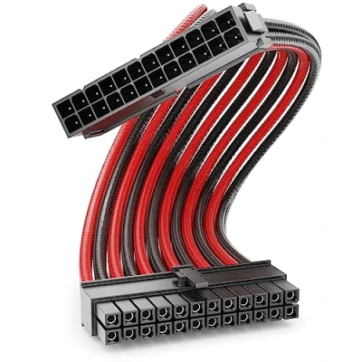Afbeelding van deleyCON 24 Pins ATX Voedingskabel Intern 30 cm 18 AWG PSU Moederbord PC Computer Voeding Nylon Mannelijk naar Vrouwelijk Zwart Rood