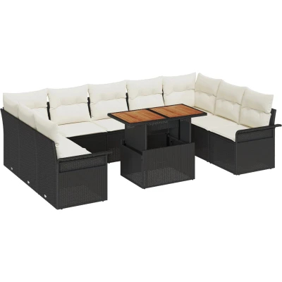 Afbeelding van vidaXL 10 delige Tuin Eet Set met Kussens Zwart Poly Rattan Acacia
