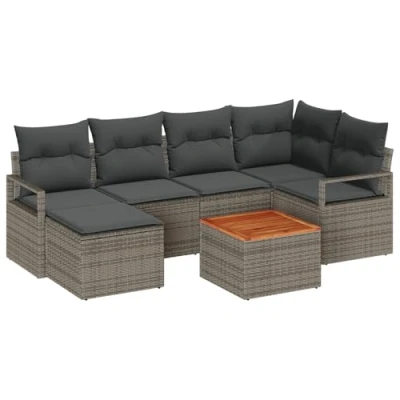 Afbeelding van vidaXL 7 delige Tuin Sofa Set met Kussens Grijs Poly Rattan Acacia, 2 zits