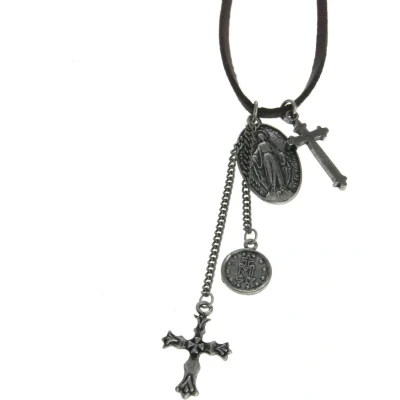 Afbeelding van Behave Lange ketting van imitatieleer met religieuze hangers