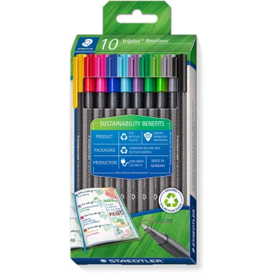 Afbeelding van STAEDTLER Fineliner triplus, ergonomische driehoekige vorm, superfijne 0,3 mm punt, lange levensduur, DRY SAFE, PP schacht, MIX en MATCH, 10 fineliners in kartonnen kussenetui, 334 C10