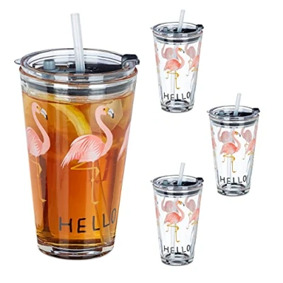 Afbeelding van Relaxdays Glas met rietje en deksel 4 stuks flamingo print drinkglazen 450 ml
