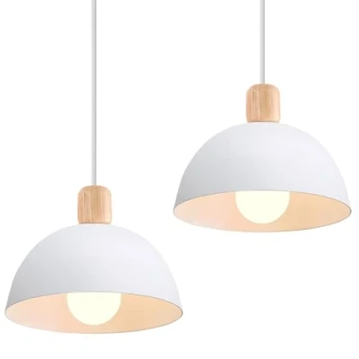 Afbeelding van iDEGU Set van 2 kroonluchters om op te hangen, retro, moderne halve cirkel, plafondlamp, E27, hout, metaal, hanglamp voor slaapkamer, eetkamer, keuken, 20 cm (2 stuks wit)