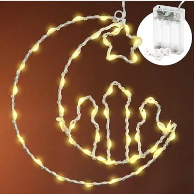 Afbeelding van CozyHome Ramadan decoratieve lichtketting op batterijen, 48 leds in warmwit, raamdecoratie verlicht, Eid Mubarak decoratie, ramazan, voor binnen, ramadandecoratie lichtkrans