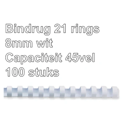 Afbeelding van Bindrug Fellowes 8mm 21rings A4 wit 100stuks