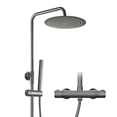 Afbeelding van Görbach Thermostaat douchesysteem met douchearmatuur, complete set, regendouche, doucheset roestvrijstalen douchestang, douchekop rond, diameter 25 cm, grijs