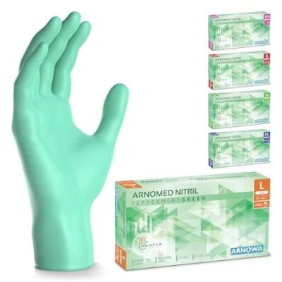 Afbeelding van ARNOMED wegwerphandschoenen groen, nitril handschoenen L, met 100 stuks per doos, poedervrij. Latexvrije rubber handschoenen, verkrijgbaar in XS, S, M, L &amp; XL