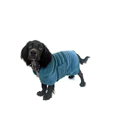 Afbeelding van Mountain Paws Drooggewaad voor honden Microvezelhanddoek Super absorberende of puppy badjas met verstelbare kraag/capuchon en buikband Zacht Snel, blauw, Medium