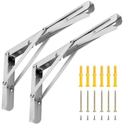 Afbeelding van QWORK® 2 stuks 300 mm roestvrijstalen heavy duty klapconsole, ruimtebesparende klaphoek voor doe het zelf werkbank, draagvermogen 150 kg