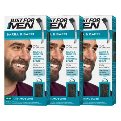 Afbeelding van Just For Men Baard &amp; snor Baardverf voor heren, kleurmiddel zonder ammoniak, grijs haar, met applicatorkam, kleur donkerbruin, M45 (3 stuks)