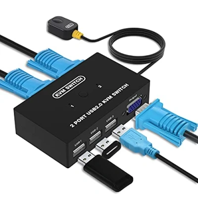 Afbeelding van USB VGA KVM Switch, 2 Poorts schakelaar voor PC het delen 1 videomonitor en 3 apparaten, Muis, Printer, Toetsenbord, Scanner