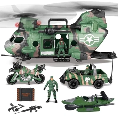 Afbeelding van JOYIN 10 in 1 jumbo militaire transporthelikopter, speelgoedset, inclusief helikopter met realistisch licht en geluid, vrachtwagen, kajakboot, motorfiets, legermannen, actiefiguren