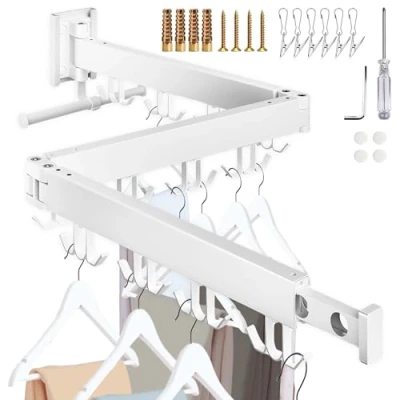 Afbeelding van Opvouwbaar wandwasrek (3 armen), uittrekbaar multifunctioneel kledingrek van aluminium voor binnen en buiten, met 180 graden draaibare kleerhangers om ruimte thuis te besparen