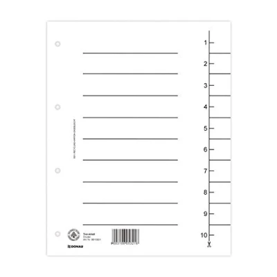Afbeelding van DONAU 8610001 09 100 stuks scheidingsbladen, kleur: wit/kartonnen tabbladen overbreed van gerecycled karton 250 g/m² met lijnopdruk voor DIN A4 4 voudige perforatie scheidingsbladen mappen register