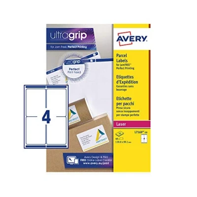 Afbeelding van Avery Adreslabels, laserprinter, 4 etiketten per A4 vel, 40 etiketten, UltraGrip (L7169)