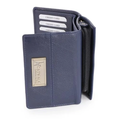 Afbeelding van Catwalk Collection Luxe Dames Mid Size Organiser Trifold portemonnee met Geschenk Doos kwaliteit Echt Leer RFID Protectie Creditcard munten vak rits VICTORIA Blauw