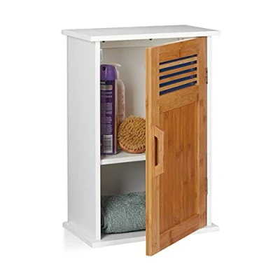 Afbeelding van Relaxdays hangkast badkamer wit badkamerkast bovenkast bamboe deur 2 vakken kast