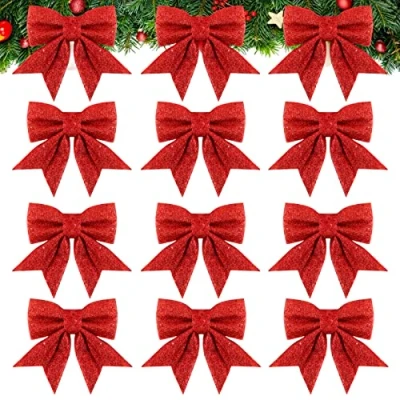 Afbeelding van 12 stuks x 15 cm kerststrikken, rood, kerstboomversiering, decoratie voor kerstboom, kerstkrans, dennenboom, kerstboomstrikken