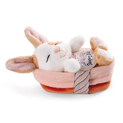 Afbeelding van Zacht speelgoed Sleeping Pets konijn karamel gestippeld in perzikkleurige mand 12cm