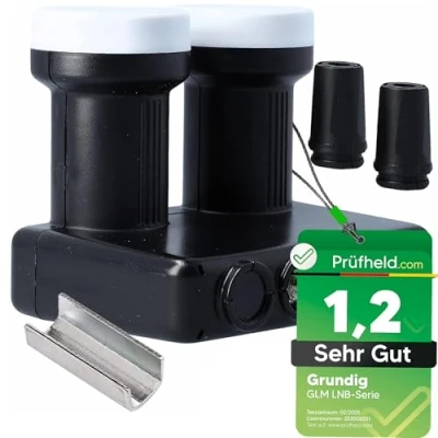 Afbeelding van GSS Grundig Monoblock Twin LNB 2 deelnemers satellieten (Astra 19.2 &amp; Hotbird 13) voor satellietschotel, satelliet, digitaal, Full HD, 4K, 8K, TV, TV rubberen tuit + opdraaihulp