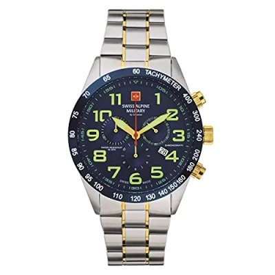 Afbeelding van Swiss Alpine Military Herenhorloge chronograaf analoog kwarts 7047.9 roestvrij staal, Bic/Bic goud/blauw 9145sam, armband