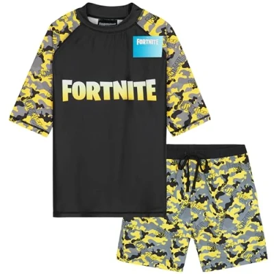 Afbeelding van Get Trend Minecraft Pokémon zwempakset voor jongens en tieners, 2 delig met zwembroek jongens, uitslagvest zwemmen, strandtrip, vakantie benodigdheden, Gele Fortnite, 11 12 jaar