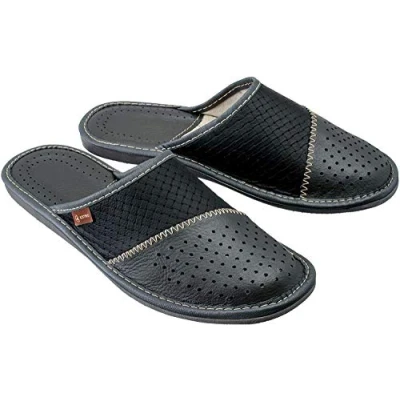 Afbeelding van ESTRO Herenpantoffels Huisschoenen Leer Thuis Instappantoffels Herenslipper M55 (45 EU, Grijs)
