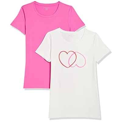 Afbeelding van Amazon Essentials Women&#039;s T shirt met korte mouwen en ronde hals in klassieke pasvorm, Pack of 2, Roze/Wit Hartjes, M